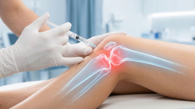 Clinical image of a precision knee injection with joint anatomy highlighted